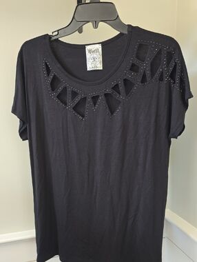 Vocal Black Short Sleeve Tee with Cutout & Stud Detail